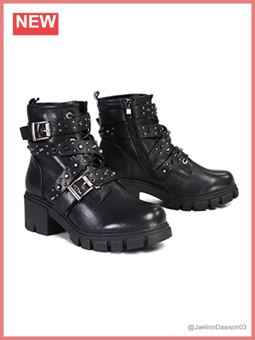 Full Grain Cowhide Leather Lace-Up Mid-Calf Boots with Studded Straps